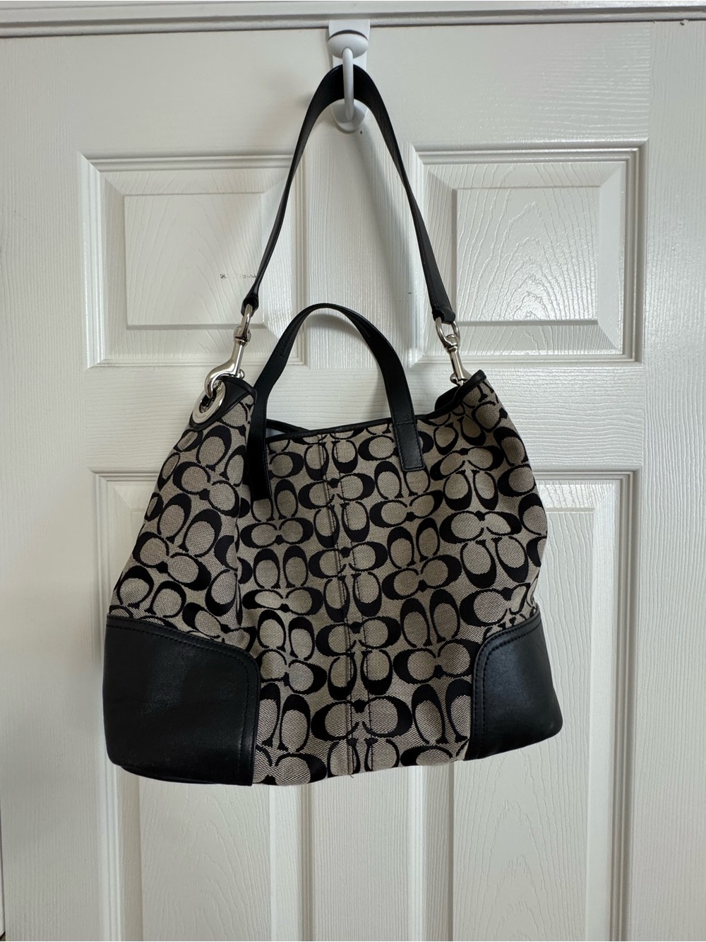 Coach Signature Canvas Shoulder Tote in Khaki and Black